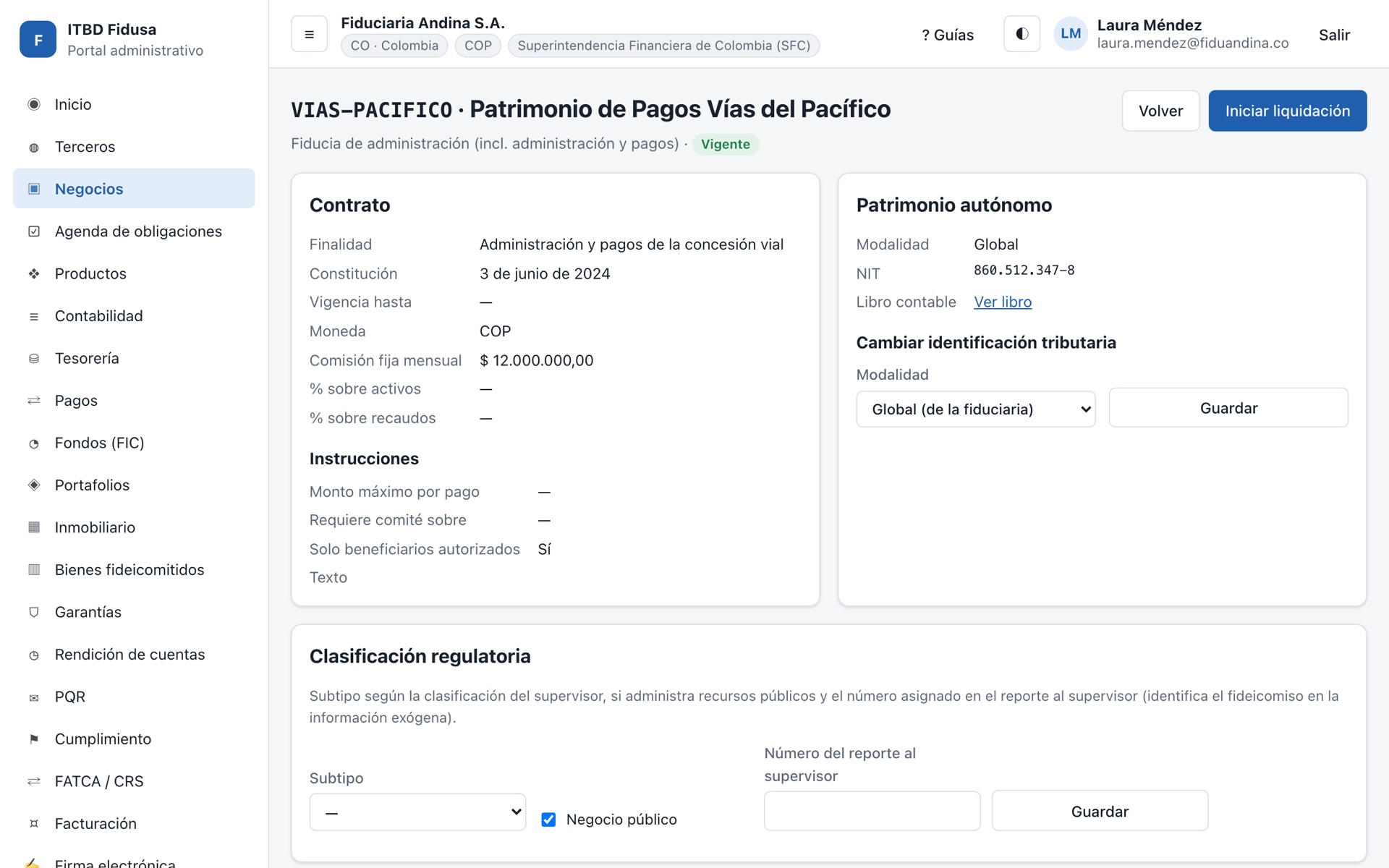Detalle de un patrimonio autónomo con contrato, instrucciones y partes